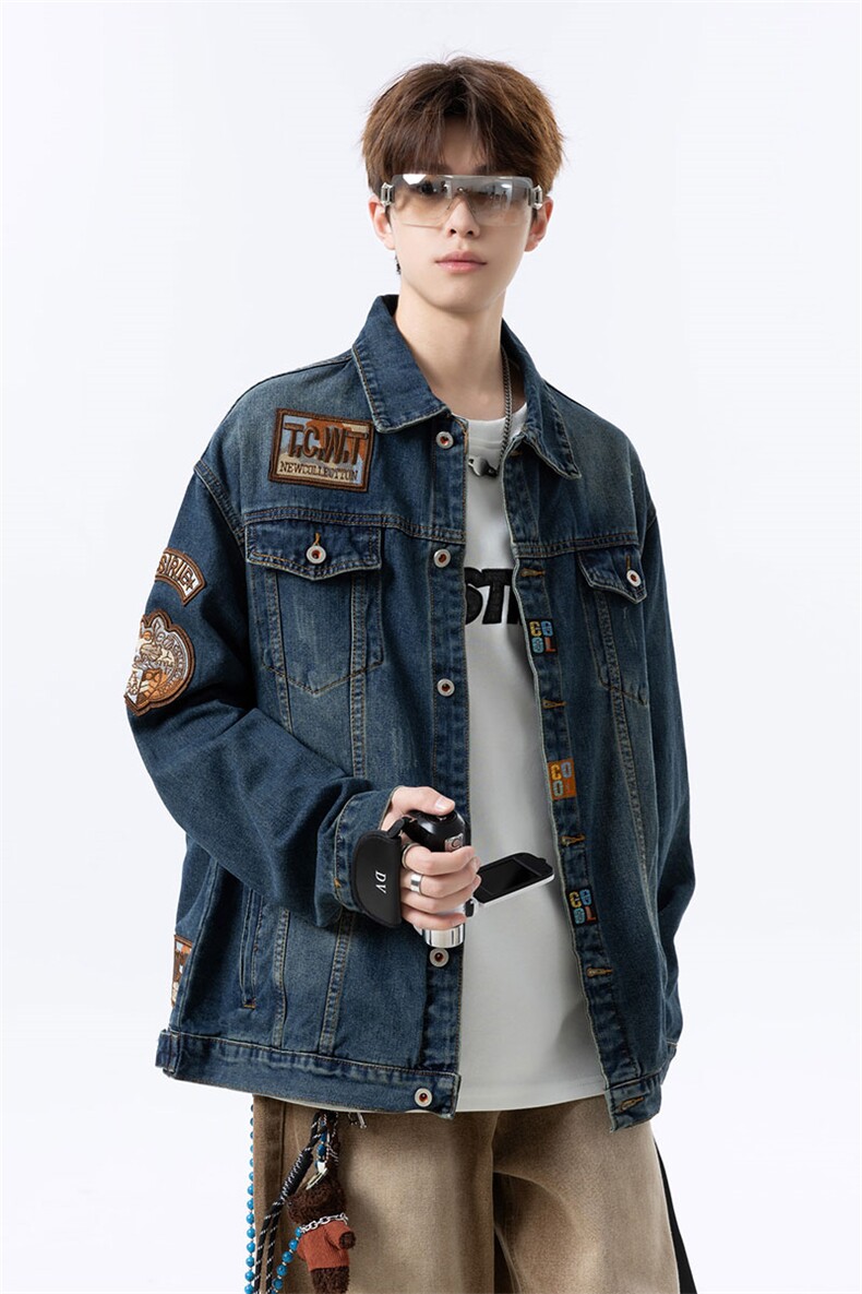 美式潮流肩章轻奢机车风牛仔外套男夹克上衣JA8819-特价P72,男装工装外套,电商A007