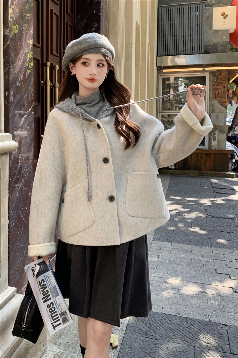 现货新款秋冬新款针织连帽拼接长袖羊绒外套女短款双面羊绒大衣潮,女装双面呢大衣,网红馆