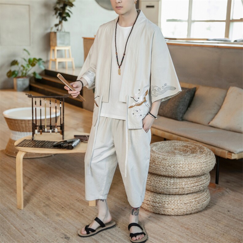 A611P75咖啡厅2024夏装新款七分袖七分裤风绣花汉服套装,男装T恤,电商A026