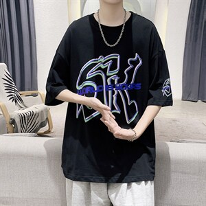 潮流原创设计款字母印花短袖T恤大码宽松男潮517A-1-T912-P28控38图片