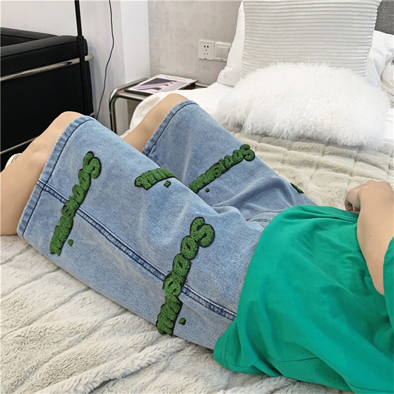 欧美街头ins复古刺绣垂感五分裤宽松直筒牛仔短裤男女6602-p38,男装牛仔裤,星座1008-1