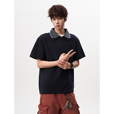 M-8XL美式复古撞色拼接polo衫半拉链短袖t恤大码宽松DX1227/特P40，男装T恤，电商B238