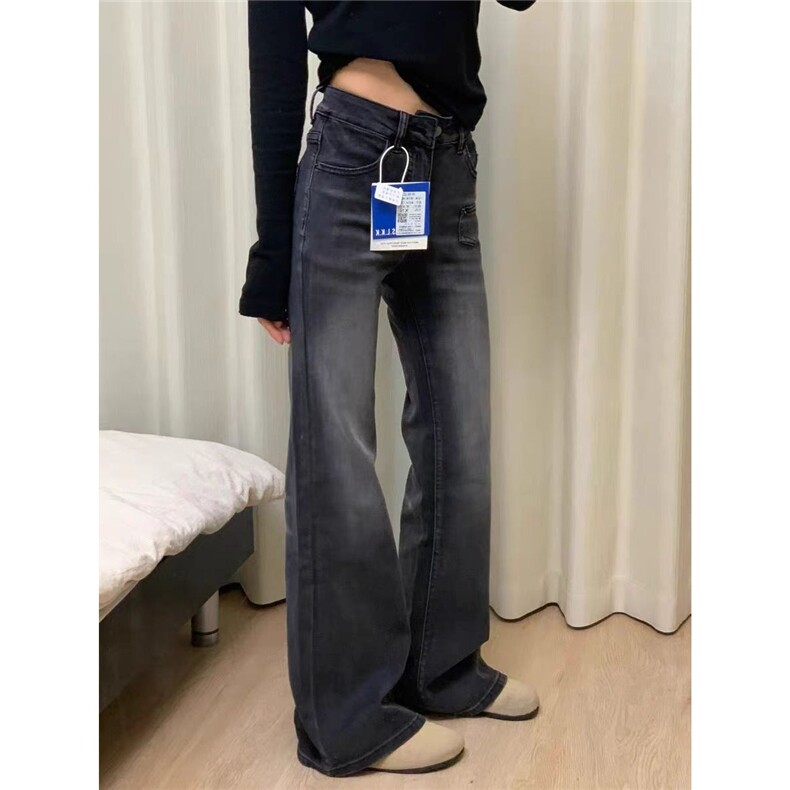 设计感宽松微喇叭牛仔裤女春季新款复古黑灰色水洗高腰显瘦拖地裤,男装牛仔裤,星座1210-1
