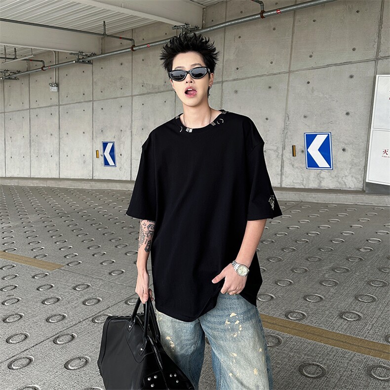 潮牌痞帅炸街t恤男重磅美式金属环扣短袖夏季小众半袖T0582-P48,男装T恤,星座308B-1
