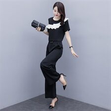 2021夏款新款露肩荷叶边拼接上衣+高腰双排扣阔腿裤套装，女装套装/套裙，瑶迪依秀