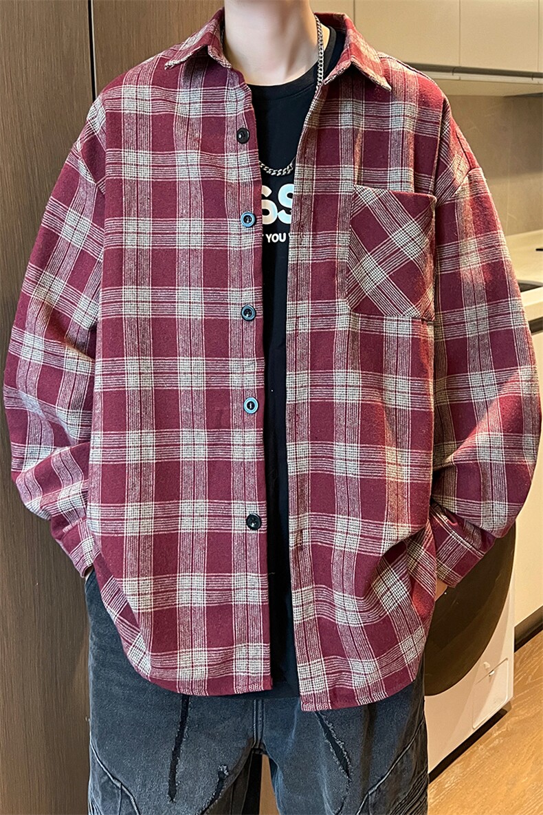 8XL-M格子衬衫男长袖秋季美式复古潮宽松衬衣外套CS516P55控78,男装衬衫,电商D206-1