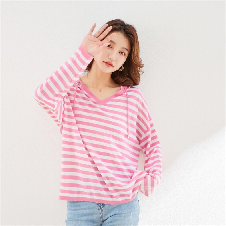 女士秋冬简约V领羊毛条纹帽衫羊毛，女装羊毛衫，润匹羊绒