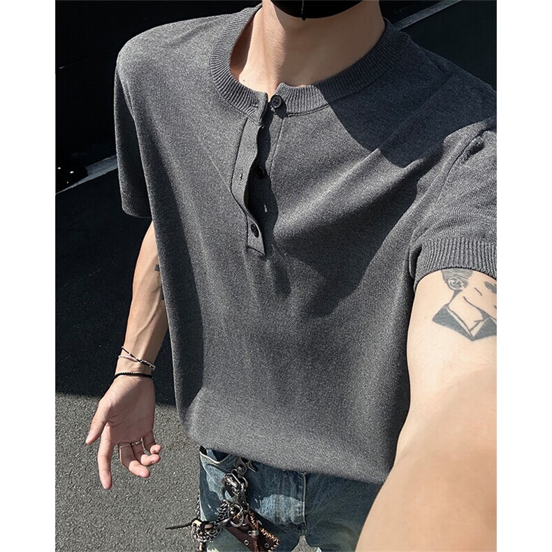 T315-批35控58夏季亨利领冰丝针织短袖男潮牌纯色打底衫,男装针织衫/毛衣,电商A058-1（原电商C417）