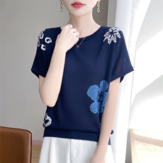 夏季新款简约莱赛尔天丝花朵蓝色短袖女宽松百搭显瘦时尚休闲上衣，女装T恤，暖娇绒包芯纱店