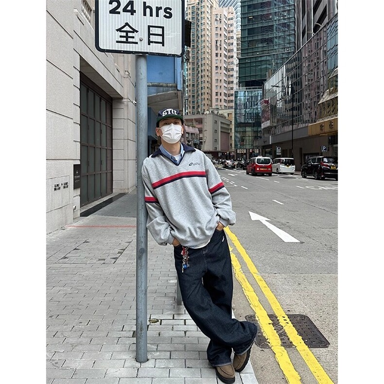 W002-P48美式复古polo领卫衣男款秋季撞色拼接套头长袖上衣,男装卫衣,电商B323A