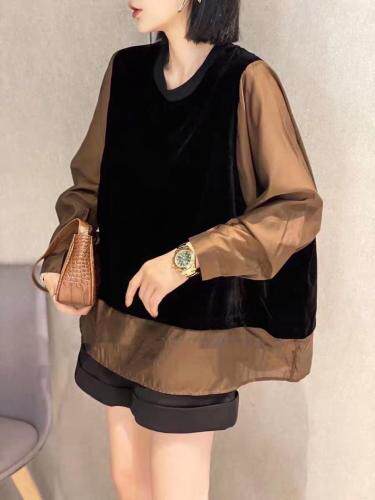 DG826洋气拼接丝绒假两件衬衫,女装衬衫,L·H·X
