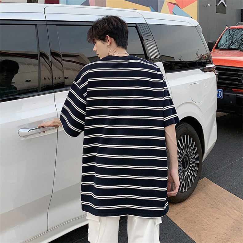 条纹廓形休闲短袖T恤男夏季新款日系宽松圆领上衣,男装T恤,星座410-6（原星座1304-1）