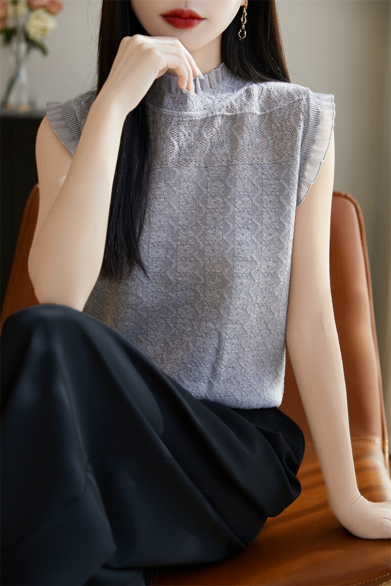 蕾丝性感吊带背心女2025夏季花边领无袖西装内搭针织衫钩花打底衫,女装T恤,暖烁羊绒