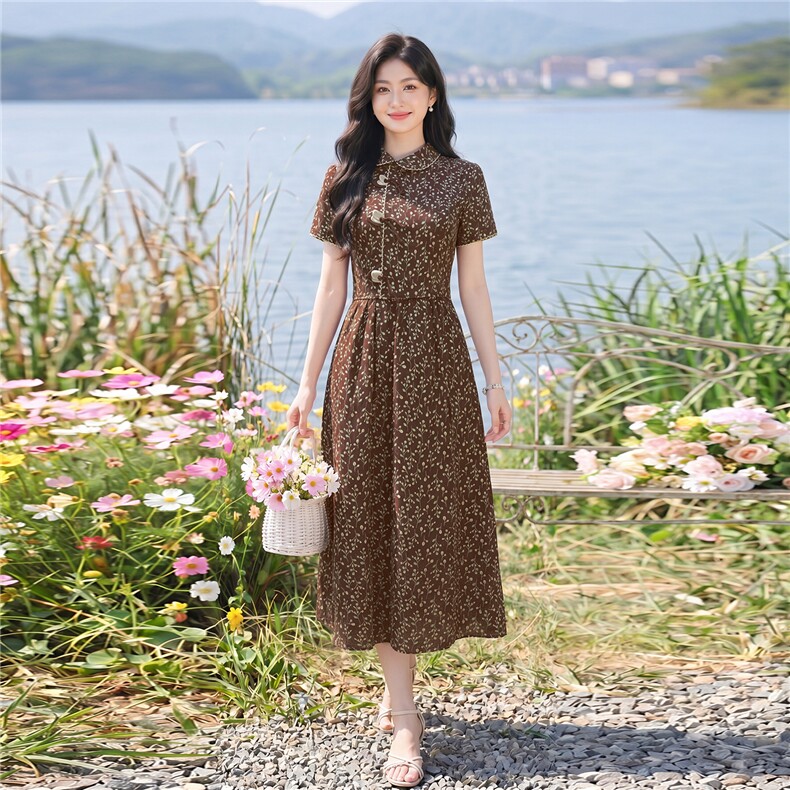 全棉碎花连衣裙夏季新款收腰显瘦田园风优雅裙子，女装连衣裙，水衣源