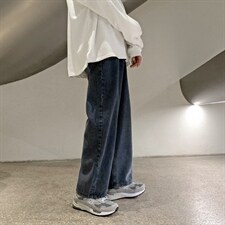 新款韩版牛仔裤男港风阔腿直筒老爹裤百搭宽松休闲九分裤NK70-P35图片