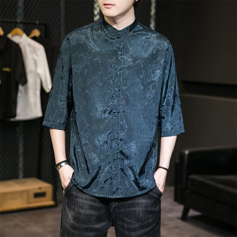 风立领衬衣休闲风衬衫短袖夏季休闲提花T2112-P55，男装T恤，电商A227