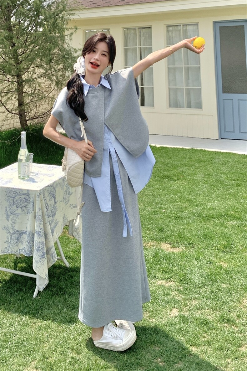 韩系休闲衬衫卫衣三件套女夏季新款减龄设计感显瘦半身裙时尚套装,女装套装/套裙,2C133