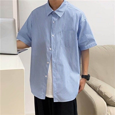 夏季新款日系复古条纹短袖衬衫男宽松潮牌休闲衬衣潮CW10899-p28，男装T恤，星座1008