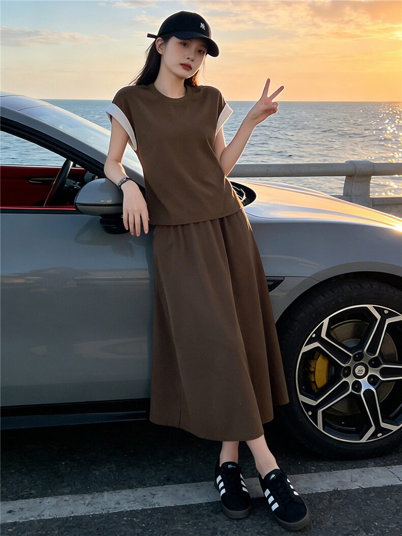 设计感时尚气质套装裙女夏新款圆领撞色拼接上衣开叉半身裙两件套,女装套装/套裙,江南