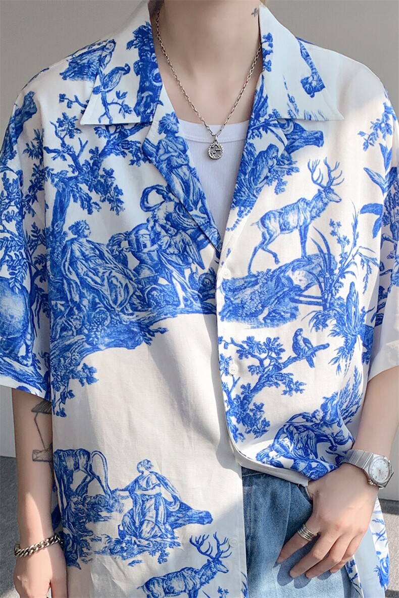 8XL-M天丝亚麻清爽晕染古巴领短袖衬衫男半截袖冰丝衬衣CS525P58,男装衬衫,电商D206-1