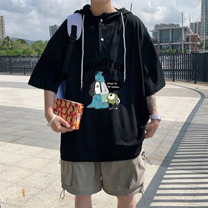 LD54074-P45 连帽短袖t恤男大码胖子带帽五分袖中袖图片
