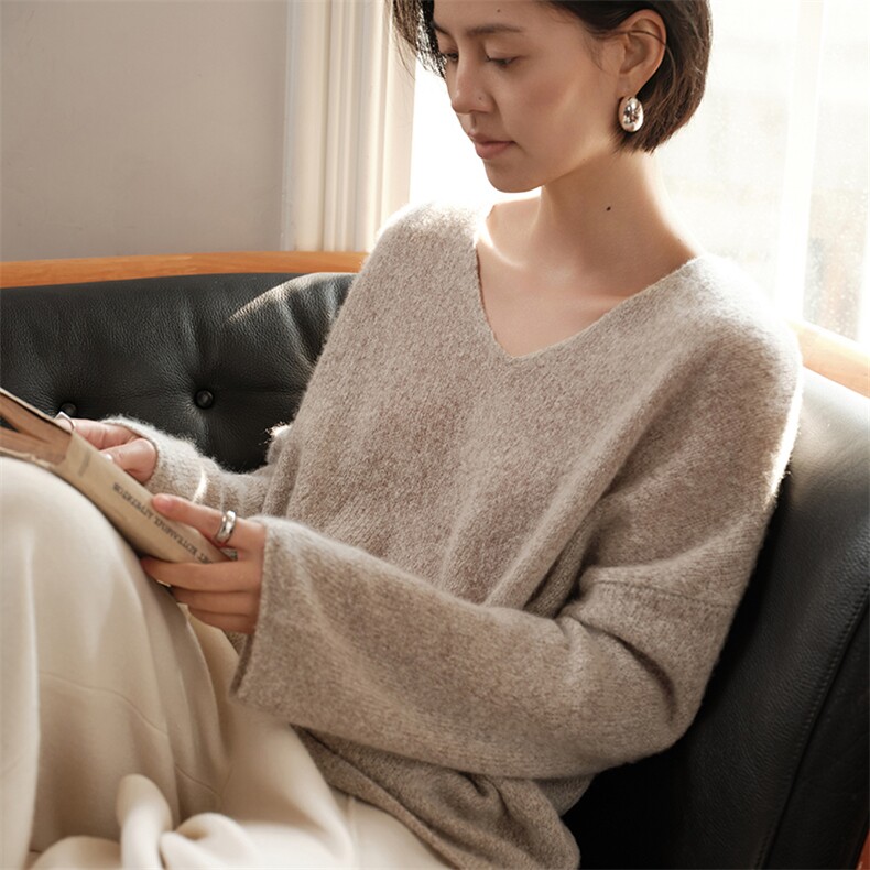 2025秋冬舒适软糯v领宽松袖口羊绒衫,女装羊绒衫,肤容雪羊绒
