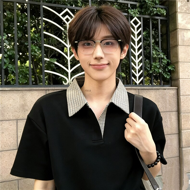 千鸟格拼接polo衫短袖男夏季老钱风复古正肩T恤cleanfit重磅半袖，男装T恤，星座601-1