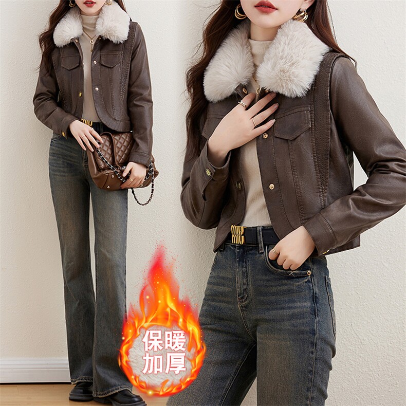 加绒加厚PU皮衣外套女短款2023冬新款小个子美拉德棉服新款夹克图片