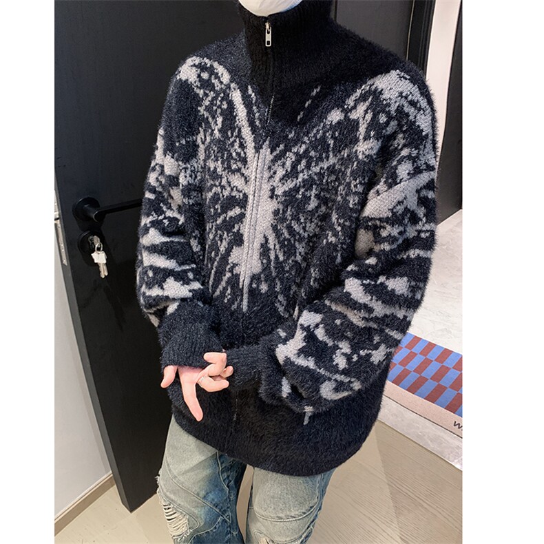 CL9865-P63秋冬季蝴蝶提花立领开衫毛衣男潮牌慵懒宽松针织外套,男装针织衫/毛衣,电商C233