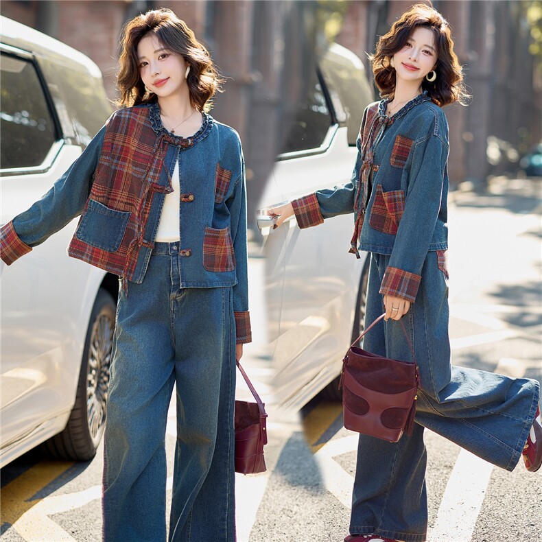 2025年秋季韩系格纹拼接牛仔套装洋气减龄阔腿裤两件套，女装套装/套裙，欣品汇
