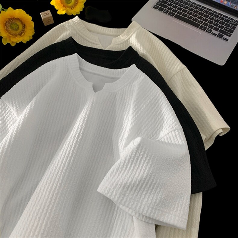 肌理感V领重磅短袖t恤男款夏美式高街欧美潮牌潮流情侣初中生半袖，男装T恤，电商A001-1