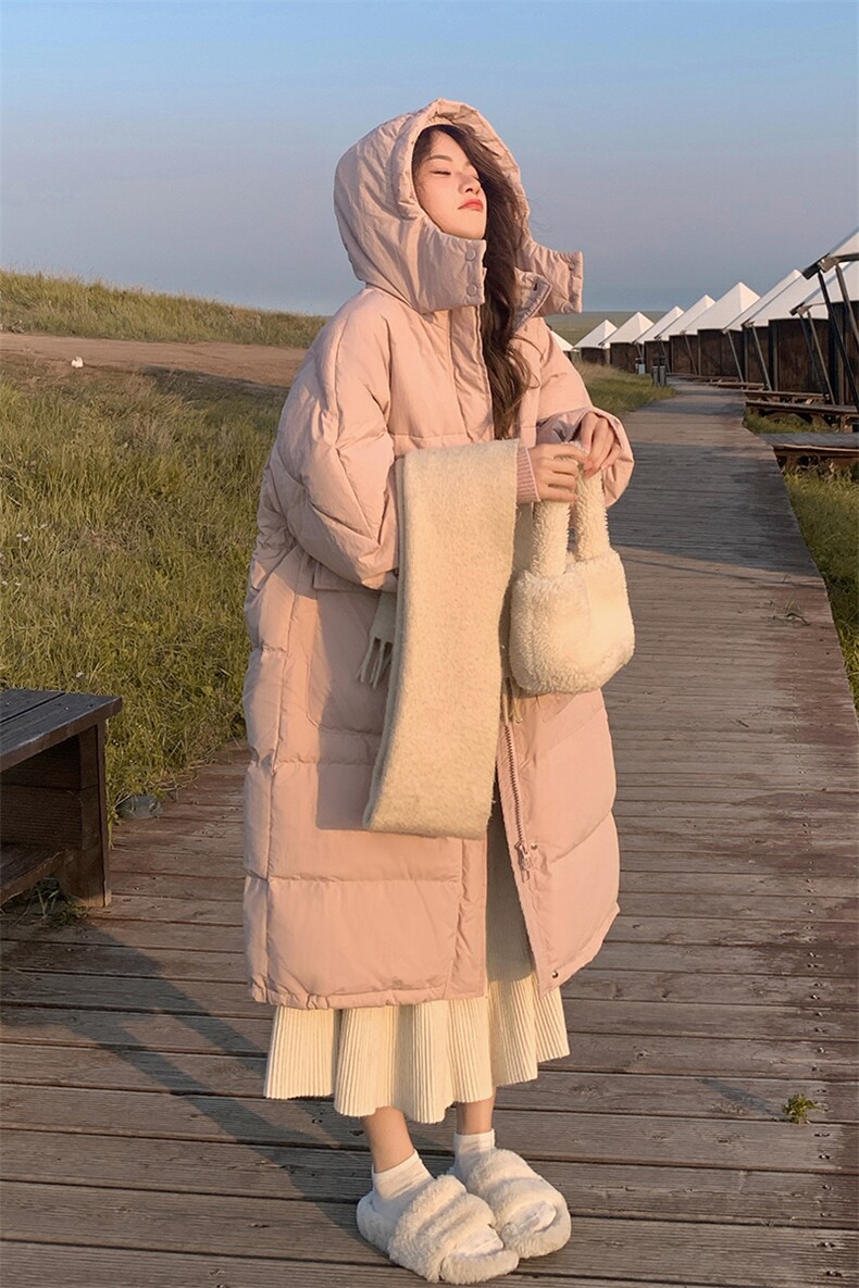 粉色长款羽绒服女过膝冬季新款韩版大被子加厚宽松外套,女装羽绒服,诺蝶