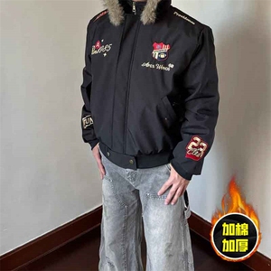 现货高品质美式高街重磅刺绣座山雕大毛毛领棉衣男女加厚棉服外套图片
