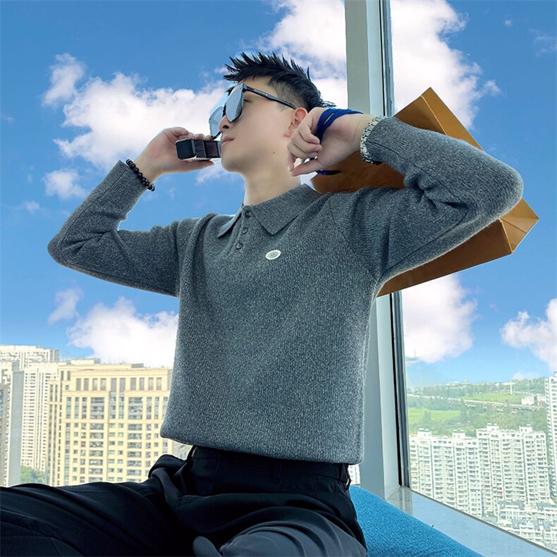AM299/P85控115秋冬季社会小伙翻领贴标韩式百搭休闲毛衣男深灰首,男装针织衫/毛衣,星座305B-1