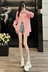 韩版时尚女装春季休闲运动百搭单排扣宽松显瘦纯色中长款翻领衬衣，女装衬衫，2C310