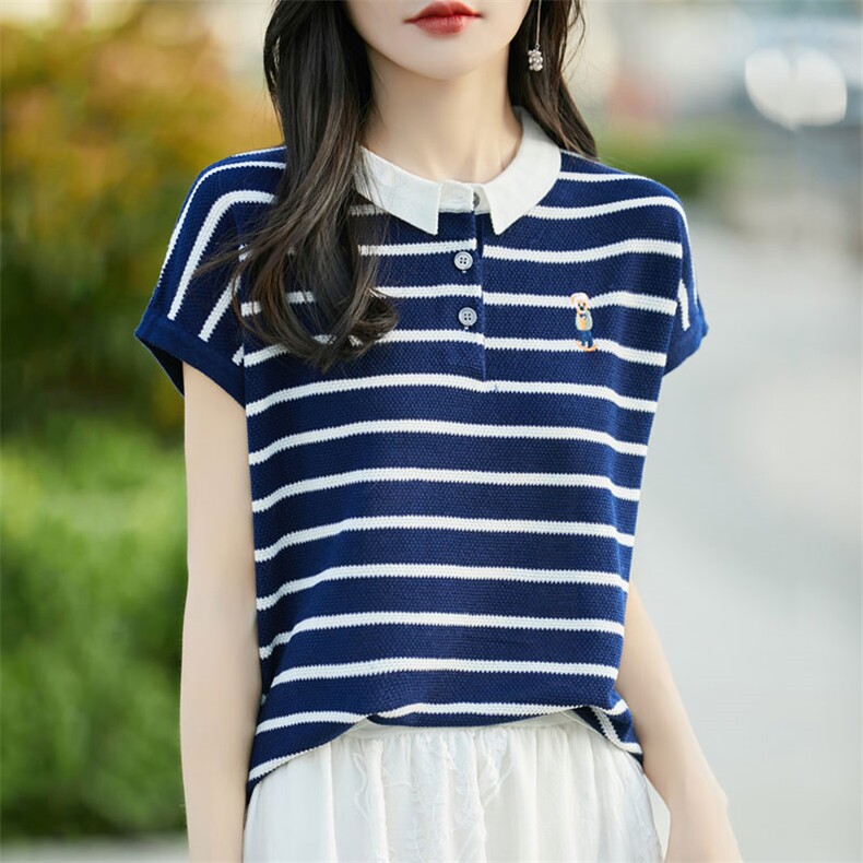 条纹短袖t恤女夏季新款时尚高端气质小衫宽松显瘦POLO领针织T恤新,女装羊毛衫,暖烁羊绒