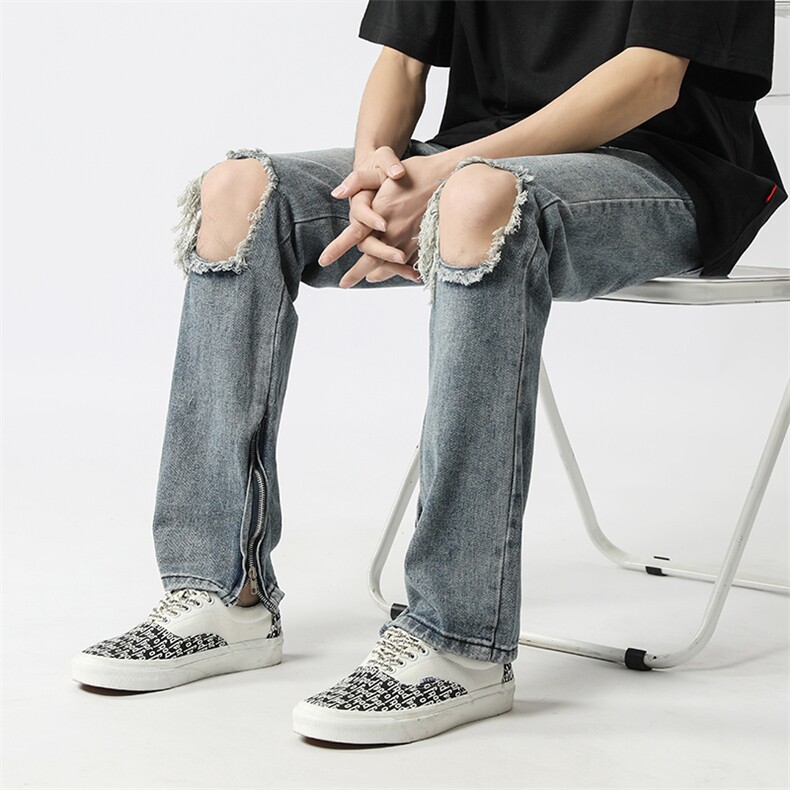无影墙破洞拉链美式高街牛仔裤313A-1-CN439-P55控68,男装牛仔裤,星座808A-1