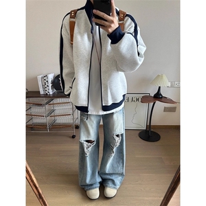 立领撞色运动卫衣外套男秋冬cleanfit美式情侣装开衫LWY099-P45图片