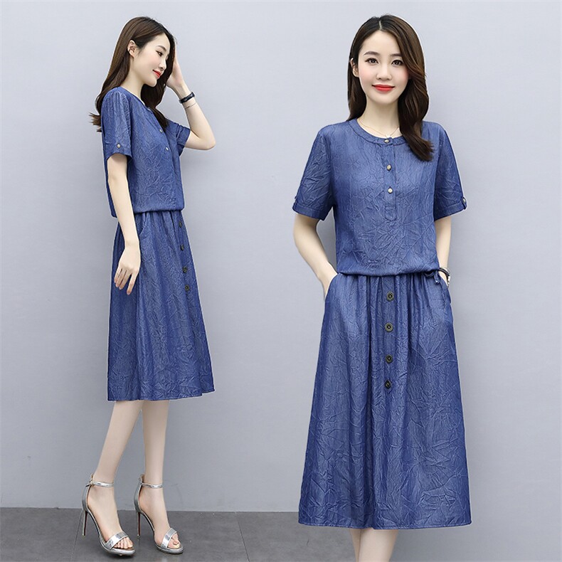 连衣裙通勤圆领高腰韩版A字裙2024年夏季短袖中长款，女装套装/套裙，伊航服饰