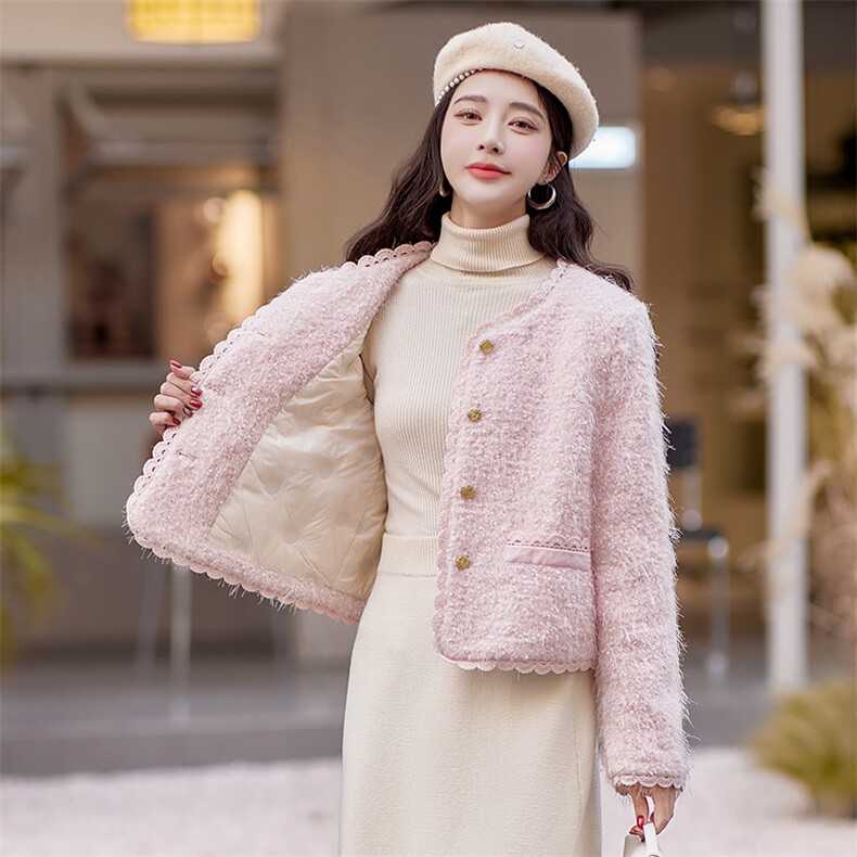 粉色甜美小香风羽绒服女短款2025冬季新款气质白鸭绒内胆毛呢外套,女装短外套,贝蕾酷儿