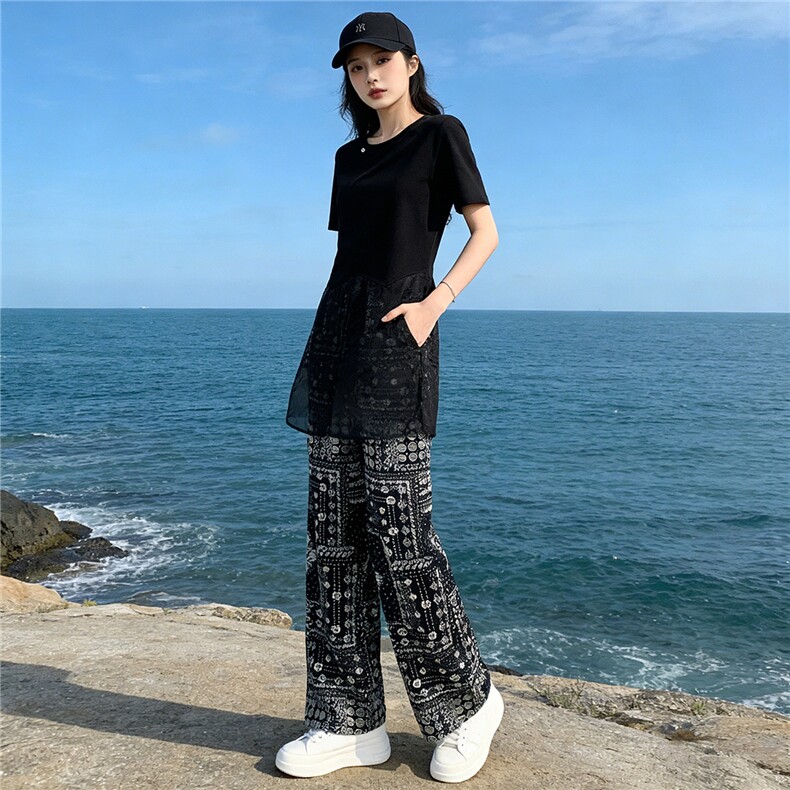 设计感小众时尚气质套装女夏圆领网纱拼接短袖上衣碎花长裤两件套，女装套装/套裙，江南