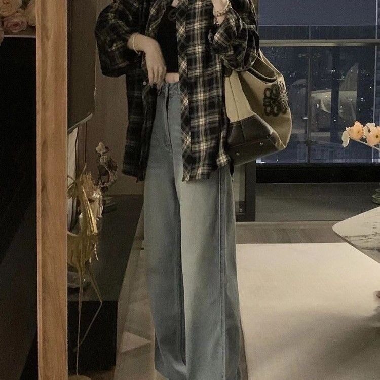 撞色格子长袖衬衫男女同款春秋季美式复古松弛感宽松潮流情侣衬衣,男装衬衫,星座911