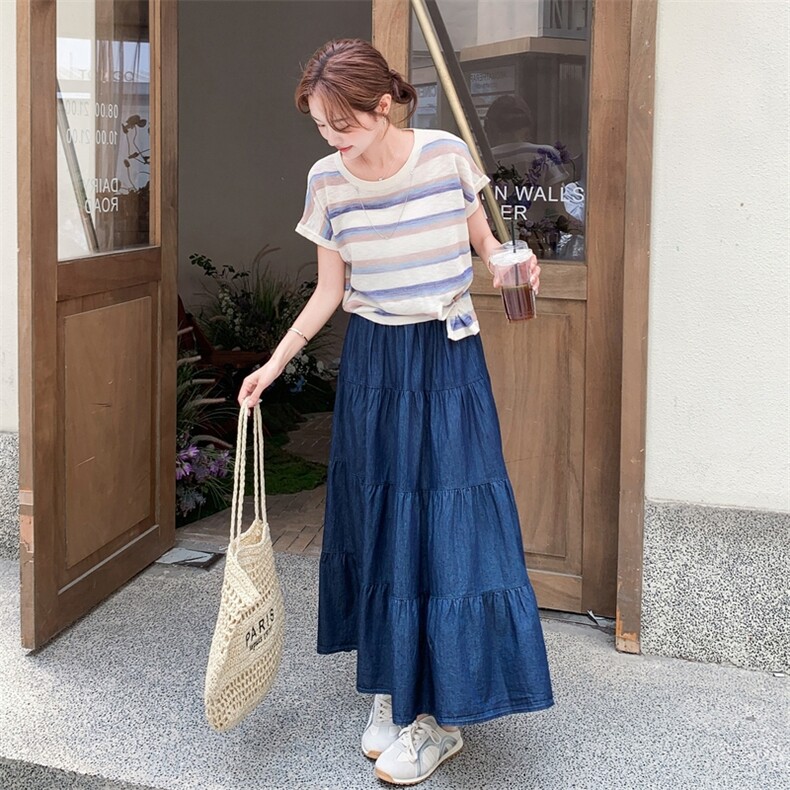 韩系穿搭一整套女夏季新款条纹短袖T恤上衣高腰显瘦半身裙两件套,女装套装/套裙,2C135
