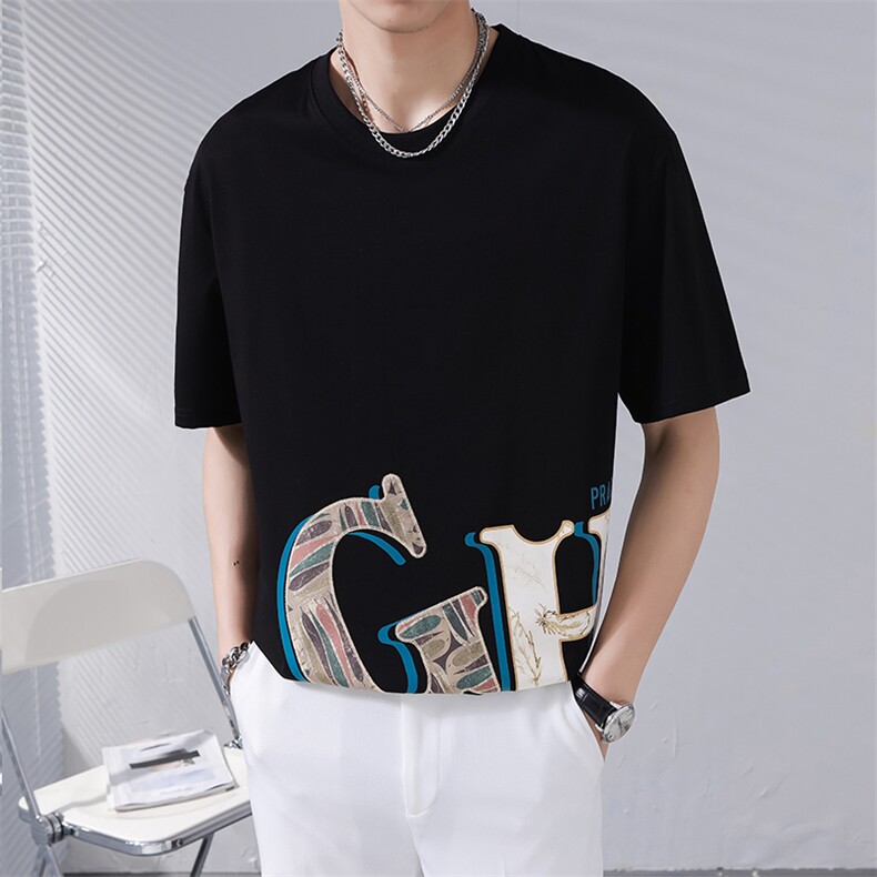 2024夏季新款轻熟风宽松短袖T恤男重工艺字母贴花T8610-p55,男装T恤,电商D303