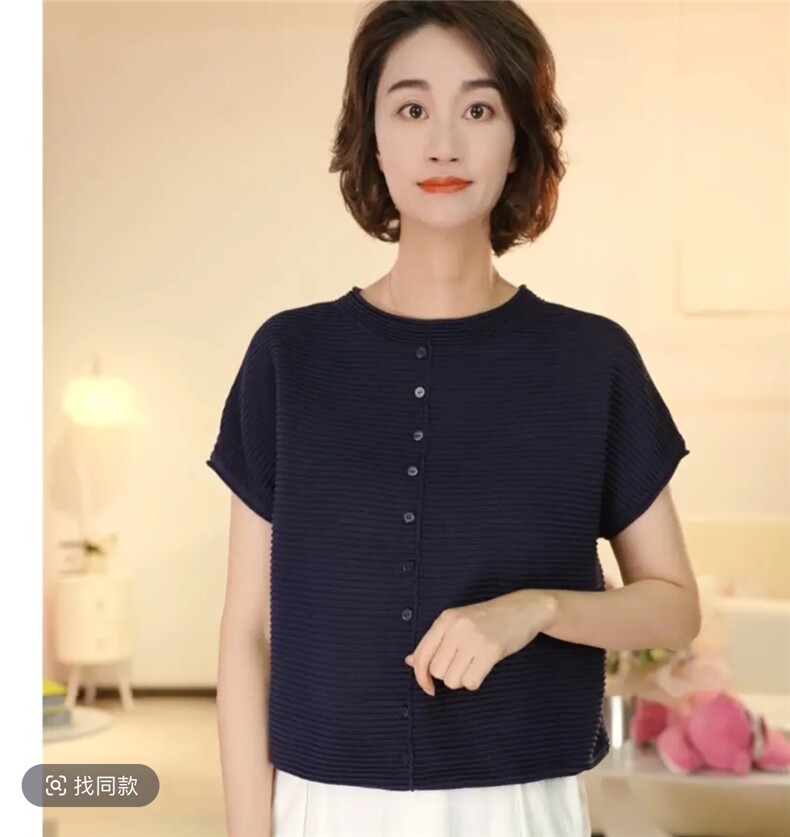 2025夏季新款时尚圆领单排扣短袖针织衫女宽松显瘦百搭洋气上衣潮,女装T恤,晨旭羊绒