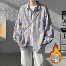 加绒衬衫男冬季新款港风宽松磨毛格子长袖衬衣JR06-特P35，男装衬衫，星座214-3