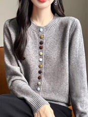 高颜值彩色纽扣针织开衫女亲肤质感圆领毛衣外套春秋叠穿长袖打底，女装针织衫/毛衣，鄂维那特
