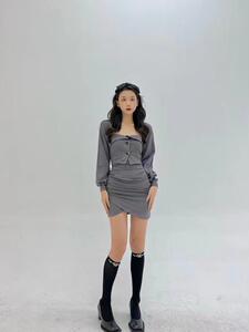 铁灰色修身性感套装,女装职业装,HE