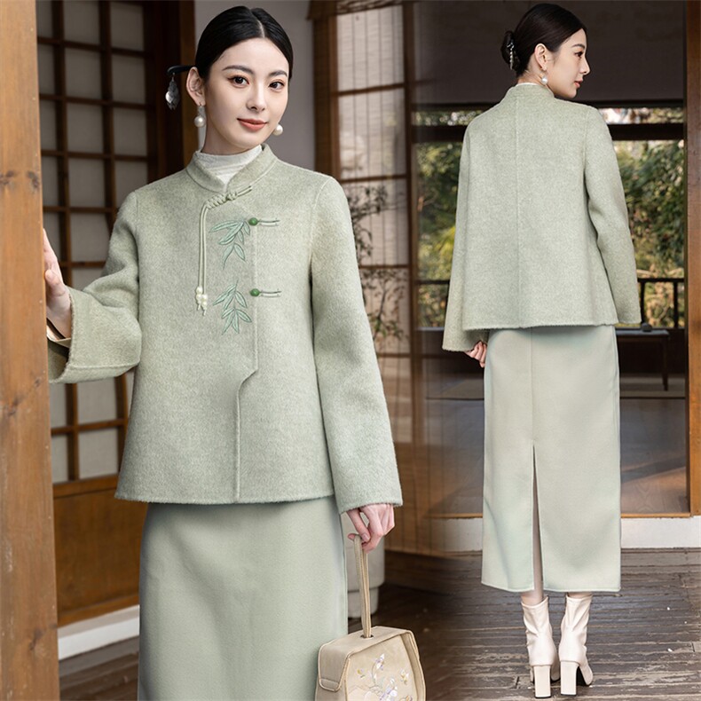 中国风双面羊毛套装女2024春秋新款中式改良旗袍高腰茶服两件套裙,女装套装/套裙,芷墨服饰