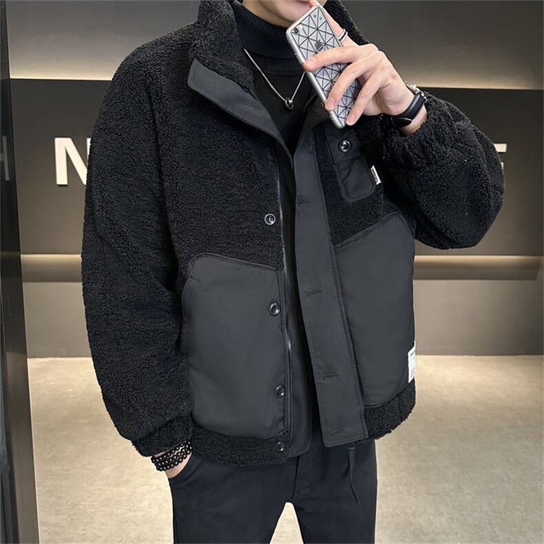 店主风羊羔绒外套男冬季加绒加厚上衣立领宽松拼接棉衣88912-P165图片